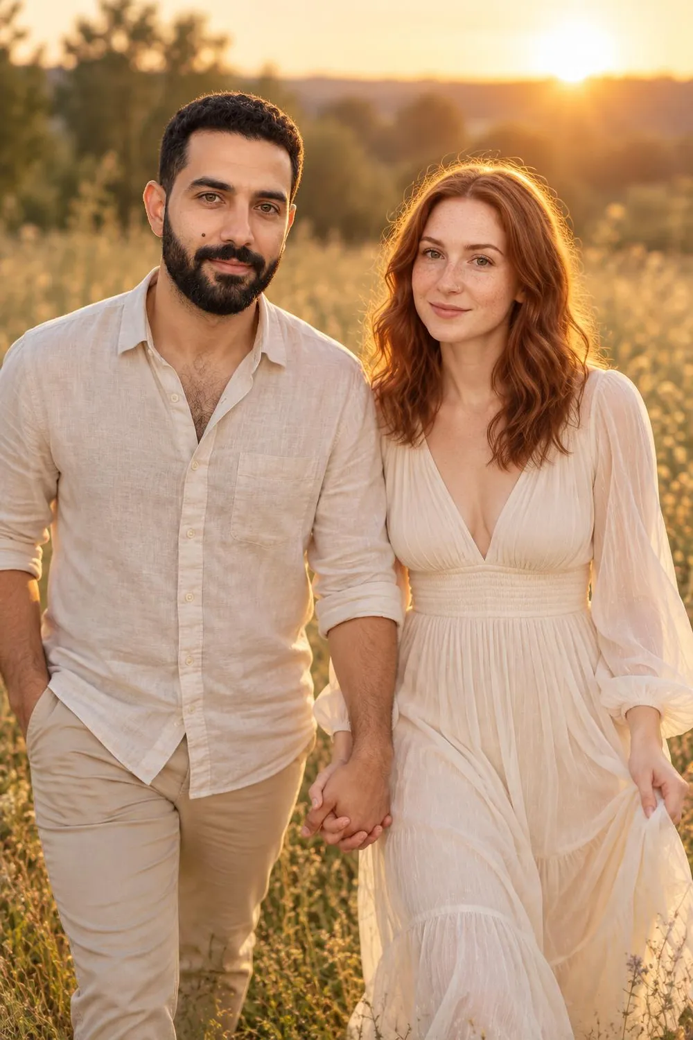 AI-generated couple photo example: walking hand in hand through a meadow at golden hour
