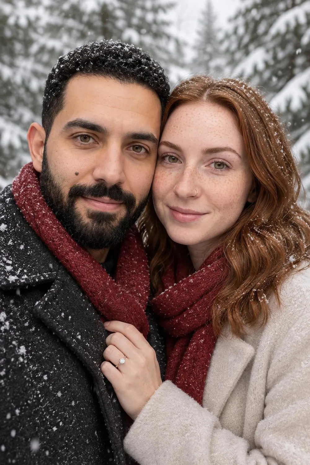AI couple photo example: couple forehead to forehead as snow falls among evergreens