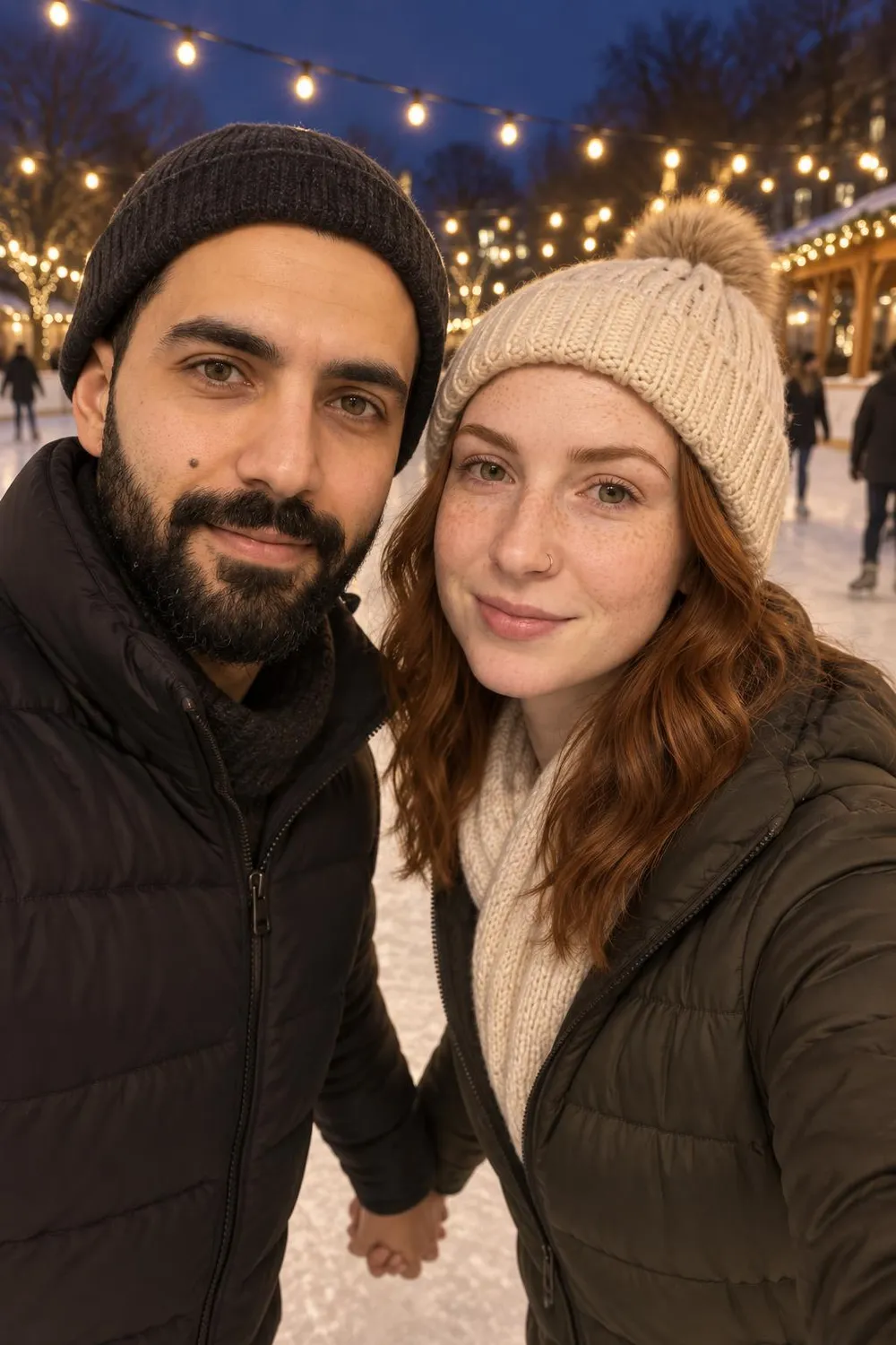 Engagement photo idea: couple holding hands on an outdoor ice rink under string lights at night