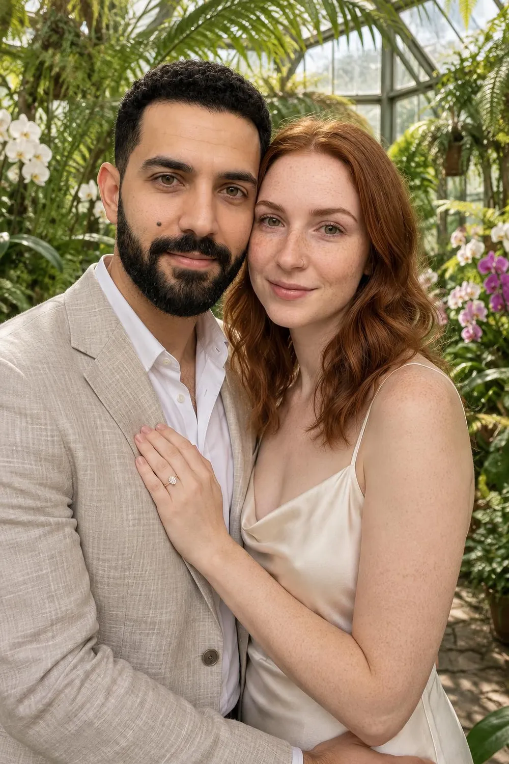 Engagement photo idea: couple standing among palms and ferns inside a glass greenhouse