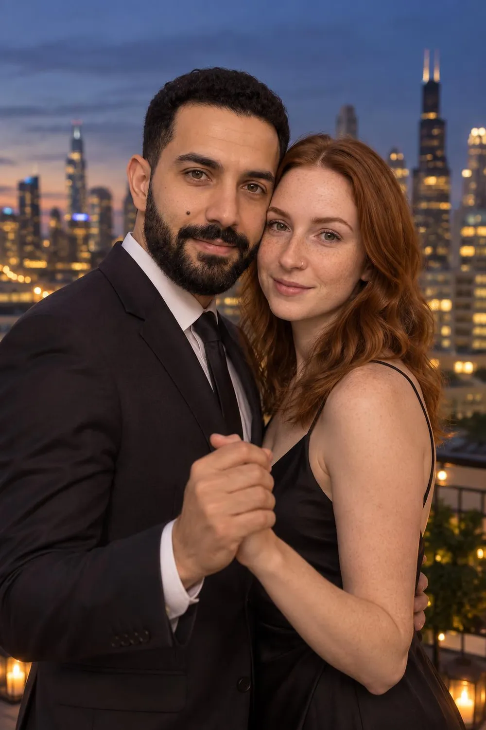 AI couple photo example: couple slow-dancing on a city rooftop at blue hour