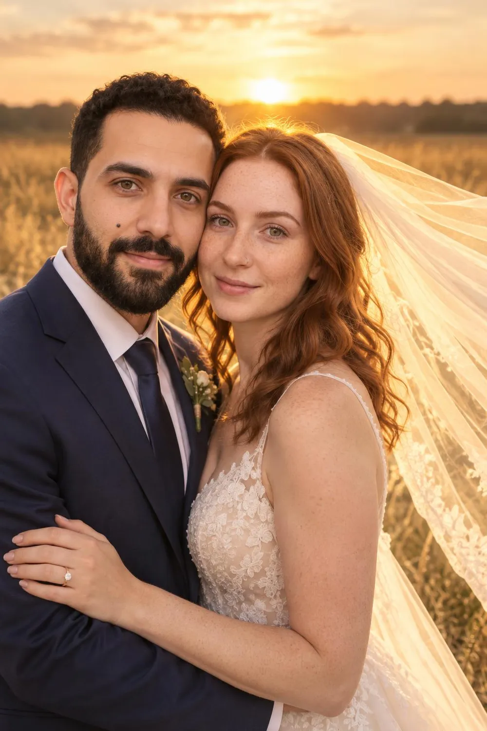 Wedding photo idea: a bride and groom in a field with a long veil glowing in the sunset