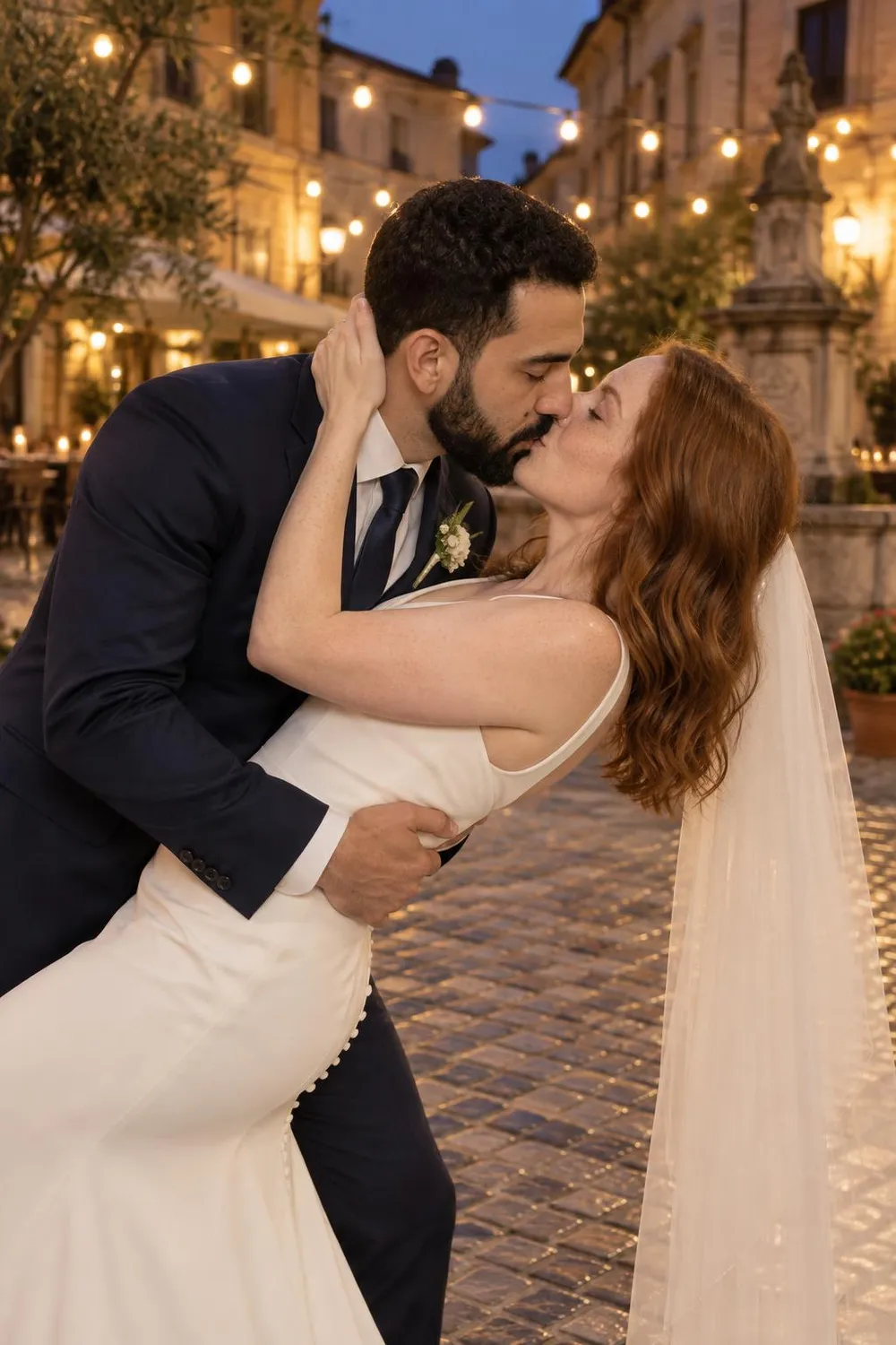 Wedding photo idea: a groom dipping his bride for a kiss in a city square