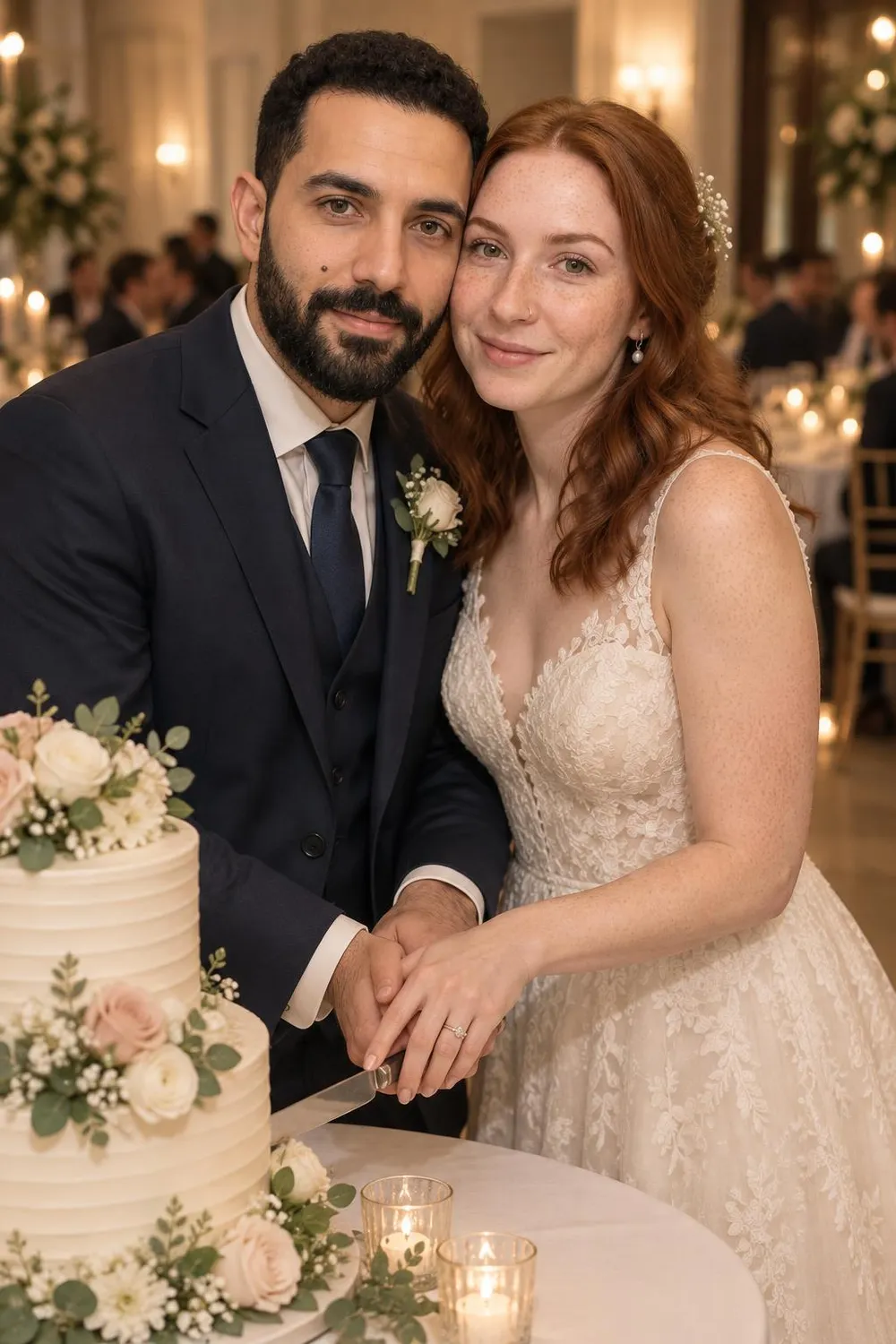 Wedding photo idea: a wedding couple cutting a tiered white cake together