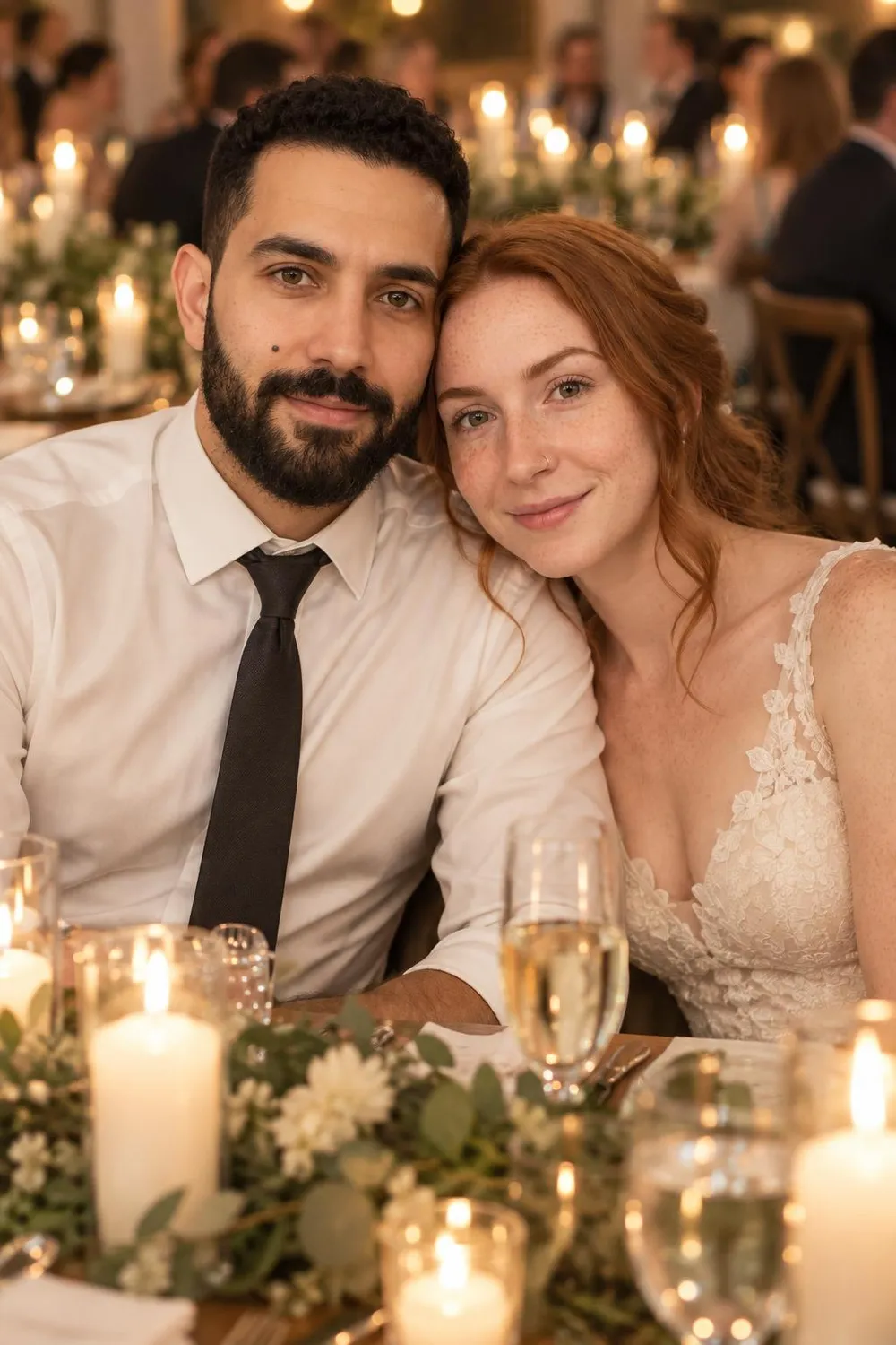 Wedding photo idea: a wedding couple sharing a quiet moment at their reception table
