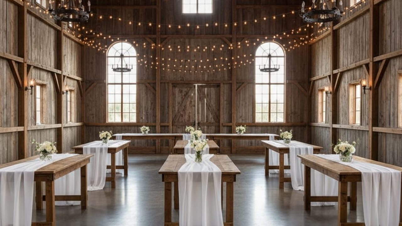 Rustic barn wedding venue with farm tables and string lights