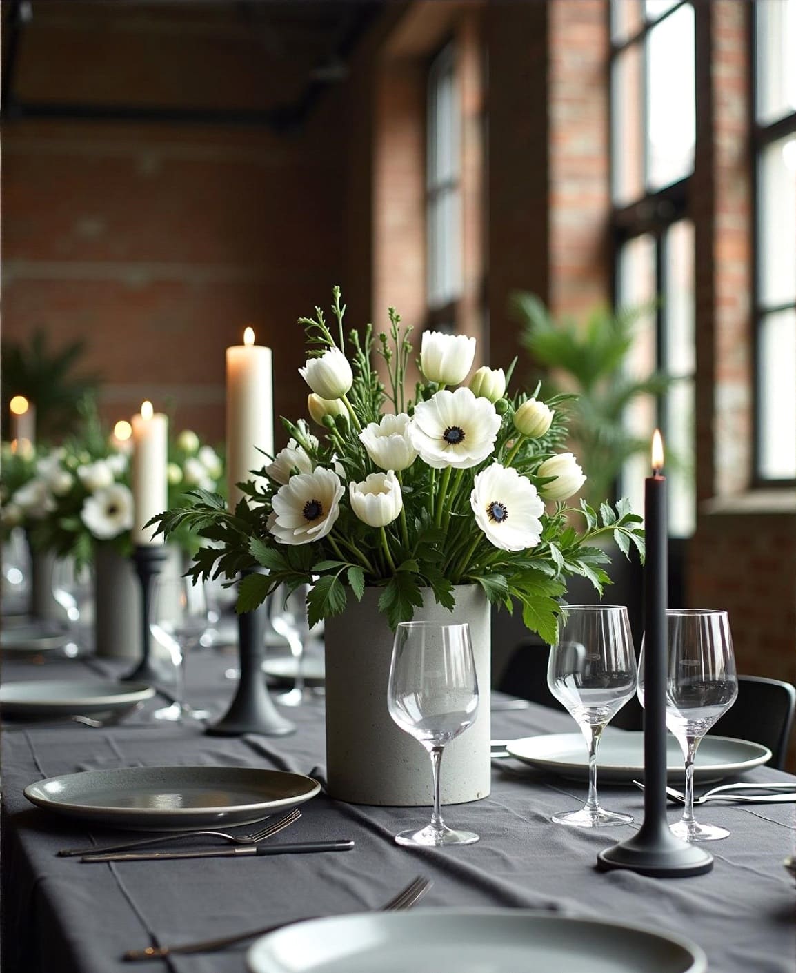 White anemones on an intimate candlelit wedding table in a brick-walled loft