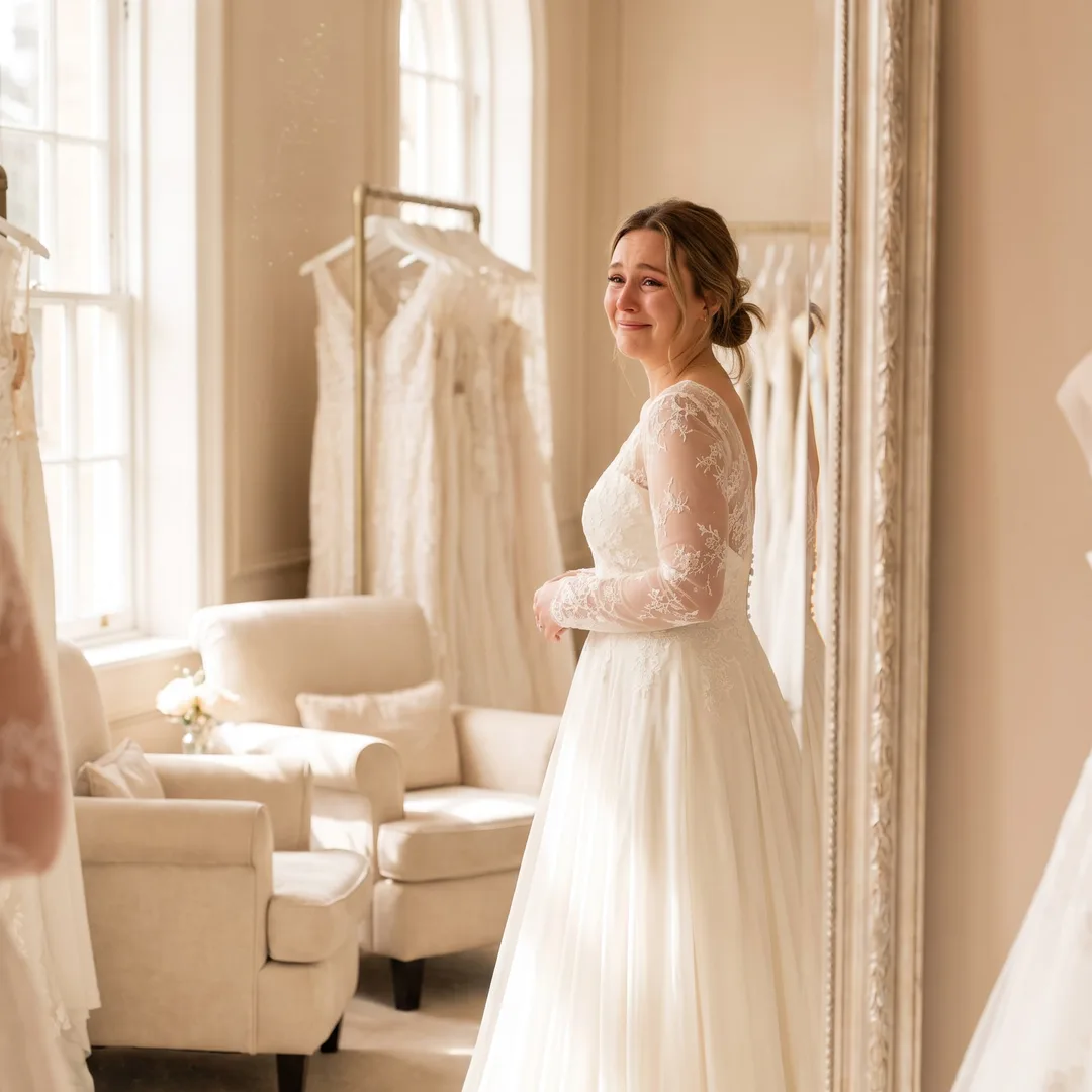 AI dress try-on example: an ivory lace gown at a boutique mirror
