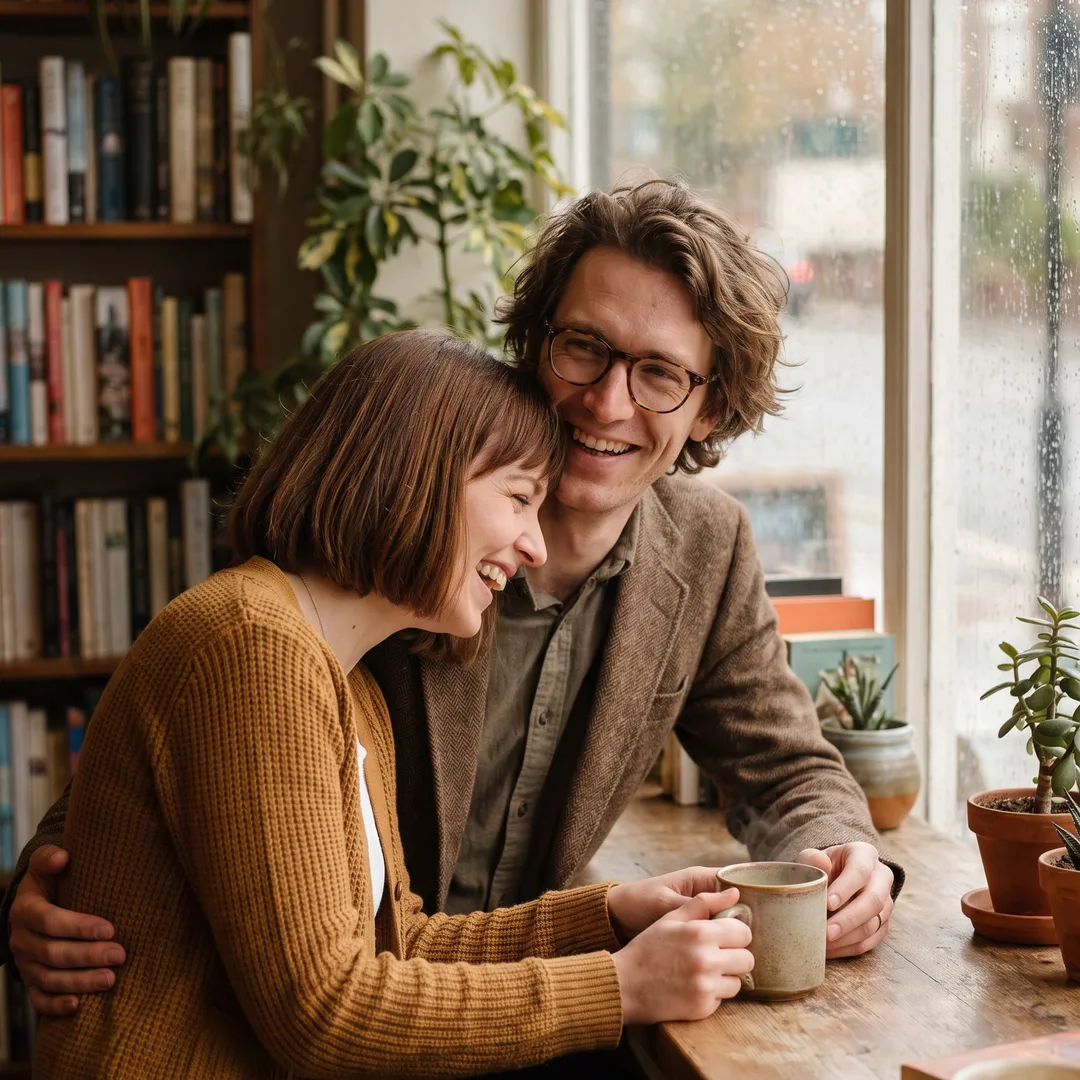 AI-generated engagement photo example: couple sharing a laugh in a vintage bookshop cafe