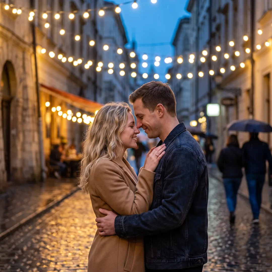 AI-generated engagement photo example: couple under string lights on a rainy city street at blue hour
