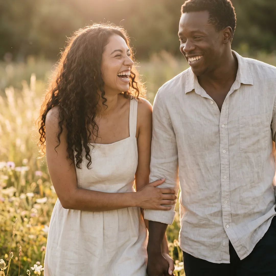 AI-generated engagement photo example: couple laughing in a golden-hour wildflower meadow