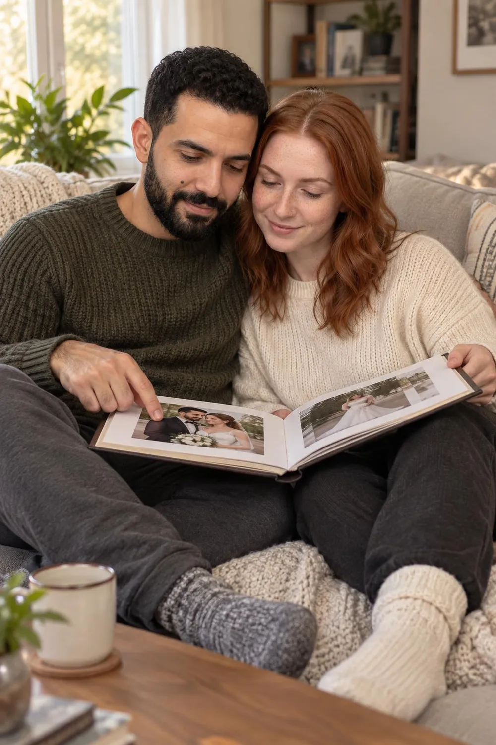Anniversary photo idea: the wedding album on the couch