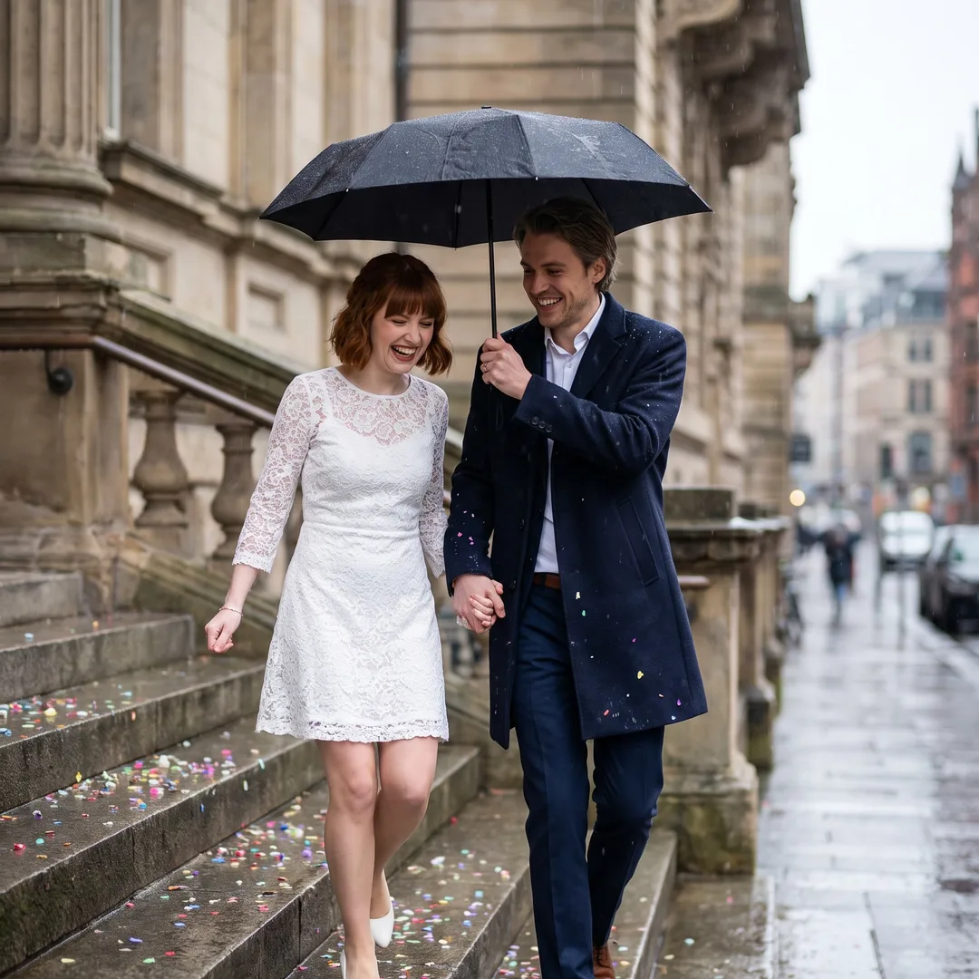 AI-generated wedding photo example: couple laughing down city-hall steps under an umbrella in light rain