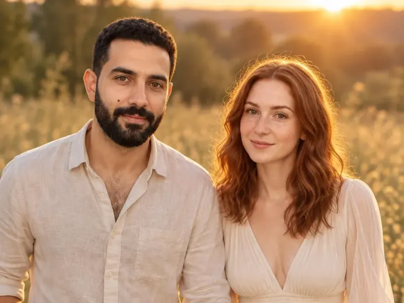 AI couple photo example: a couple laughing in a golden-hour meadow