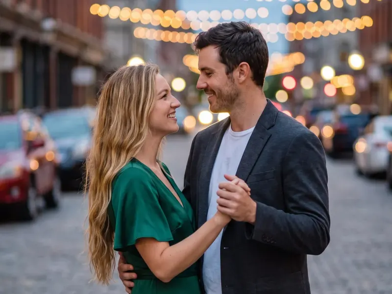 A scene from the sample film: a couple dancing under string lights
